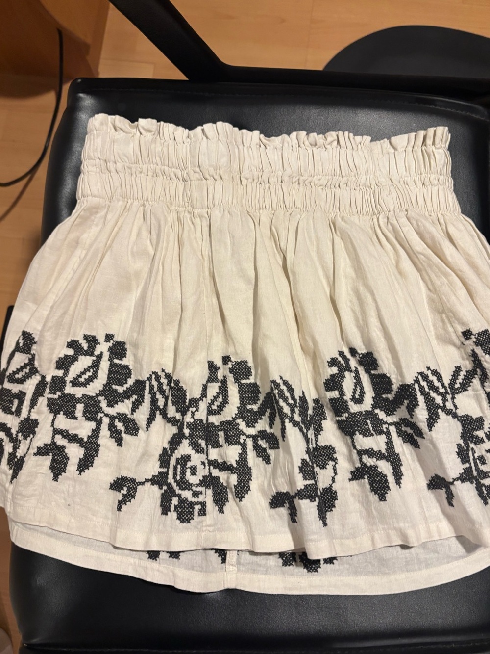aerie Cream Smocked Waist Skirt  with Black Floral Embroidery